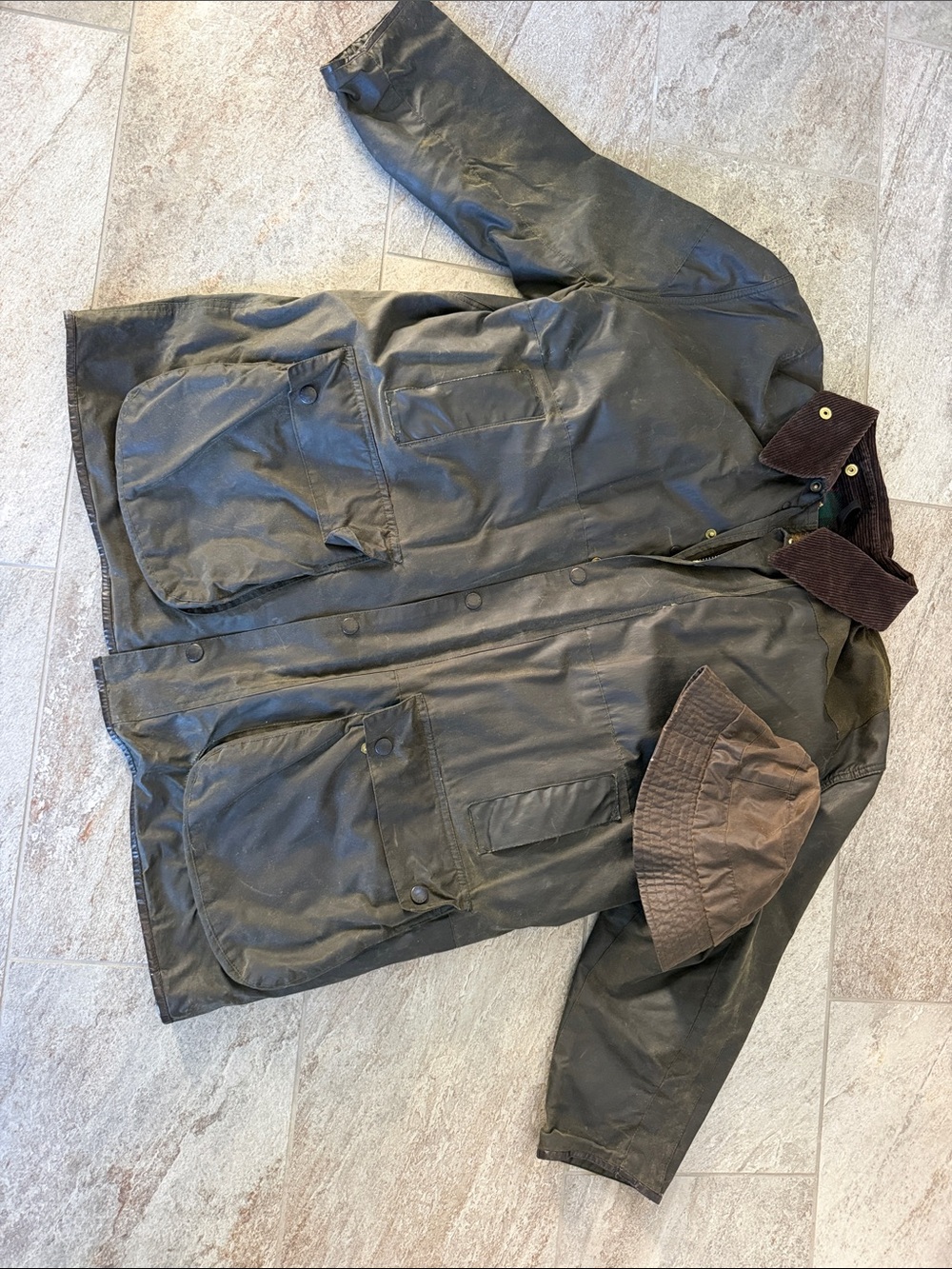 Barbour Dark Olive Waxed Cotton Field Jacket with Brown Cord Collar and Hat